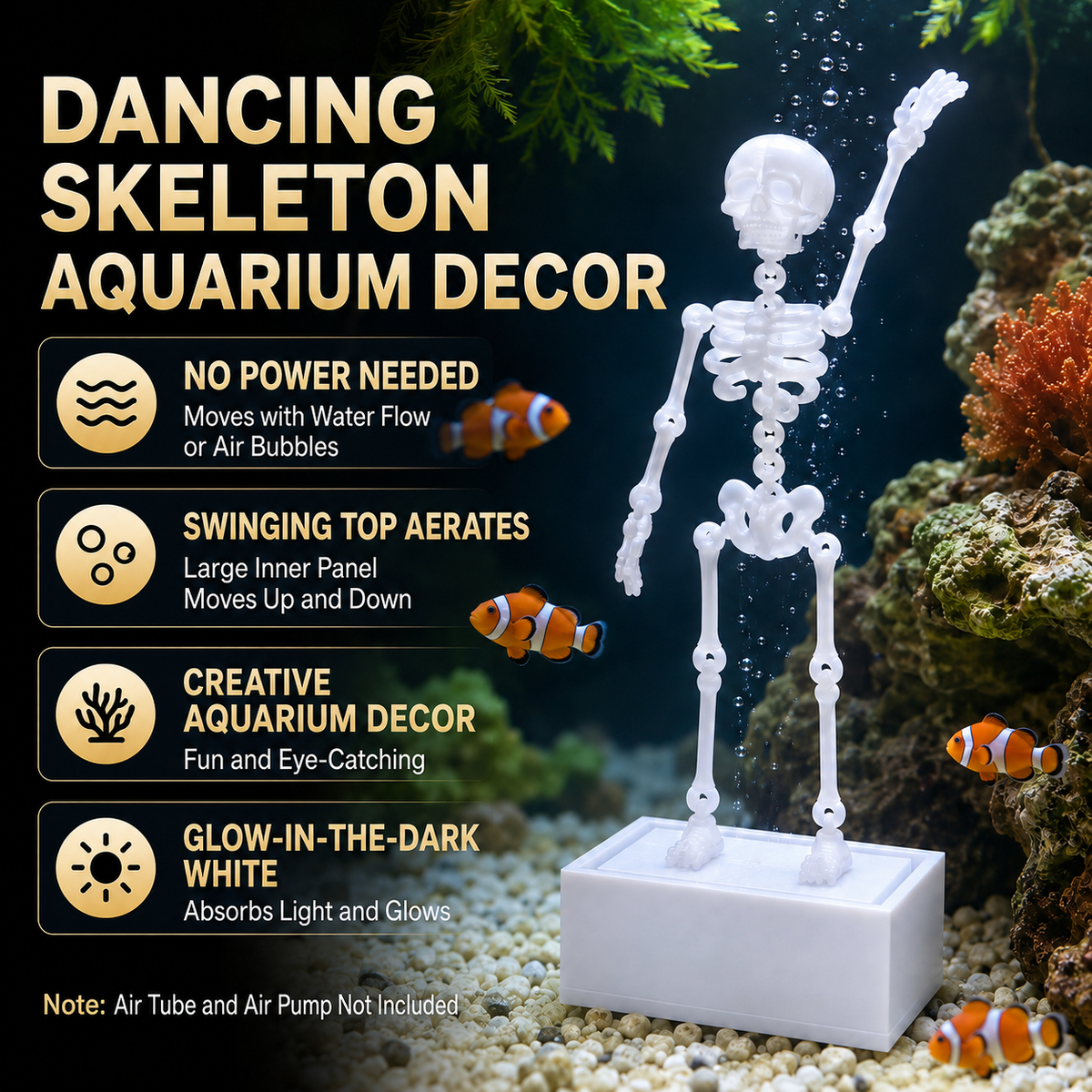Dancing Skeleton Aquarium Bubbler PLA 3D Printed Fish Tank Decoration with Dancing Skeleton Figure